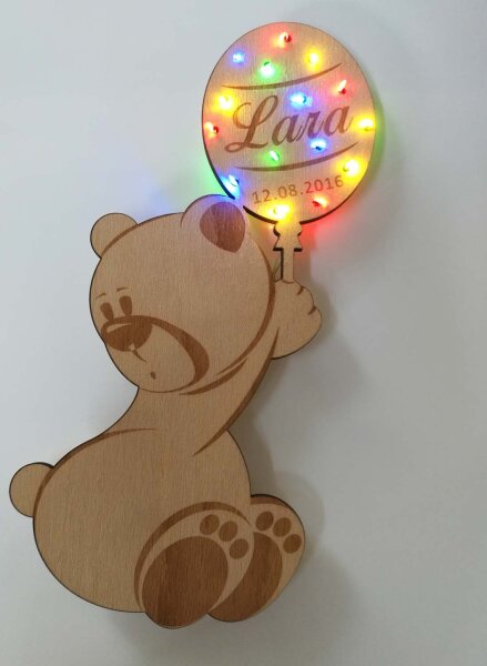 Holz Teddy Bär mit Name und Datum (persönlich, individuell) Mit Led Licht
