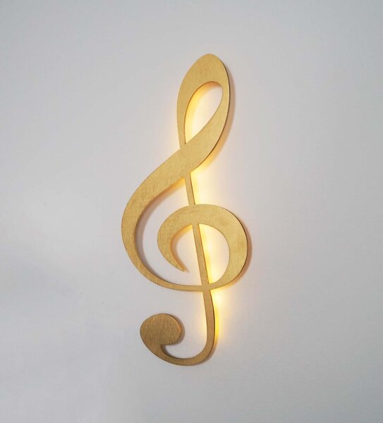 Wand Dekoration Note Notenschlüssel 3D Wand Deko Holz Gold, mit Led Licht, 60 cm