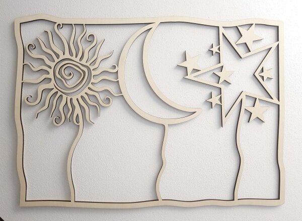 Wanddeko Sonne Mond & Sterne Echt-Holz 3D Wandbild Innen Außen Garten Wohnzimmer Geschenk Idee Wand Deko Dekoration